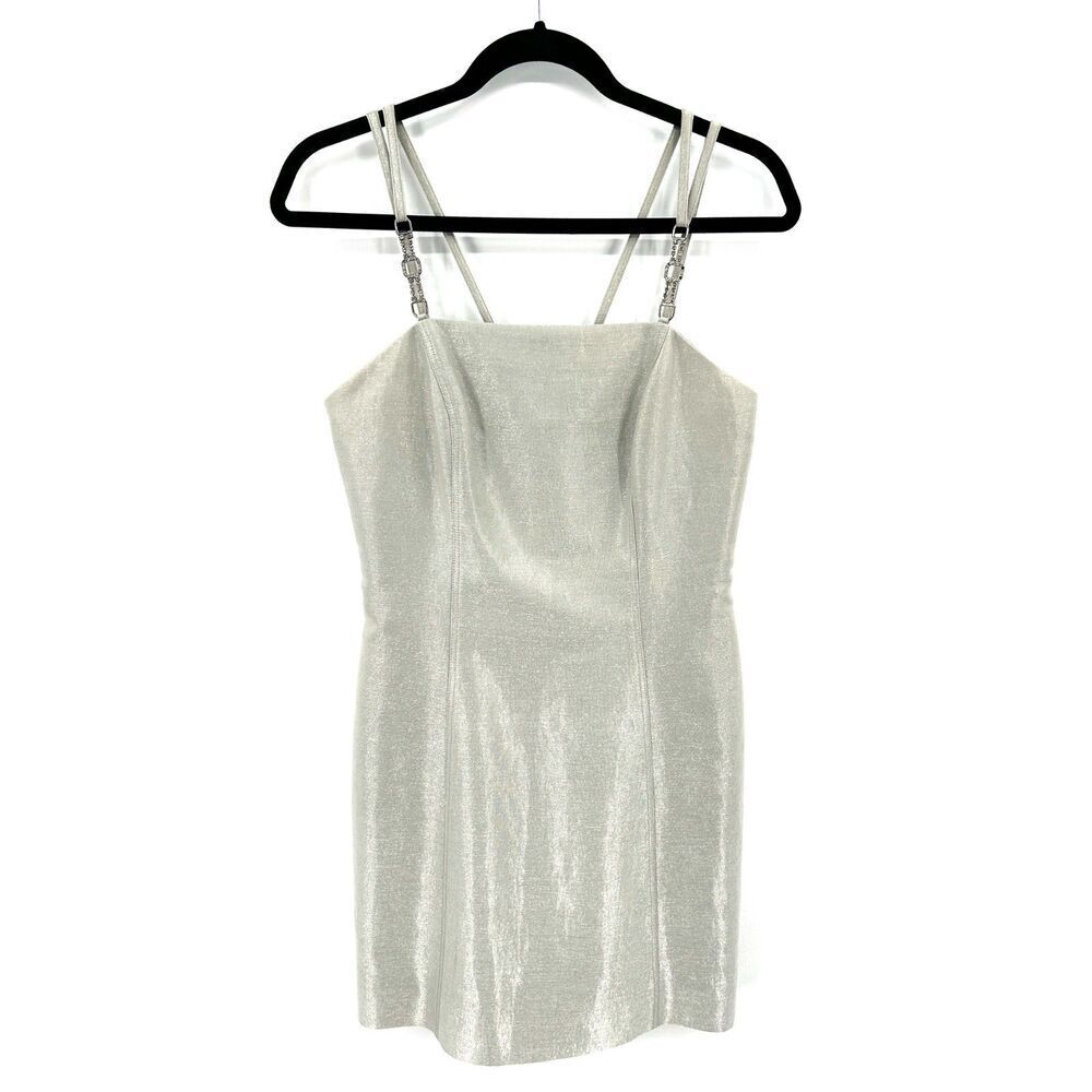 KAY UNGER Silver Metallic Spaghetti Strap Embellished Formal Mini Dress Size 4